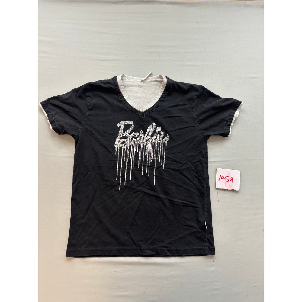 M-Force Barbie Rhinestone Drip V-Neck T-Shirt Black White Y2K Glam Size 23